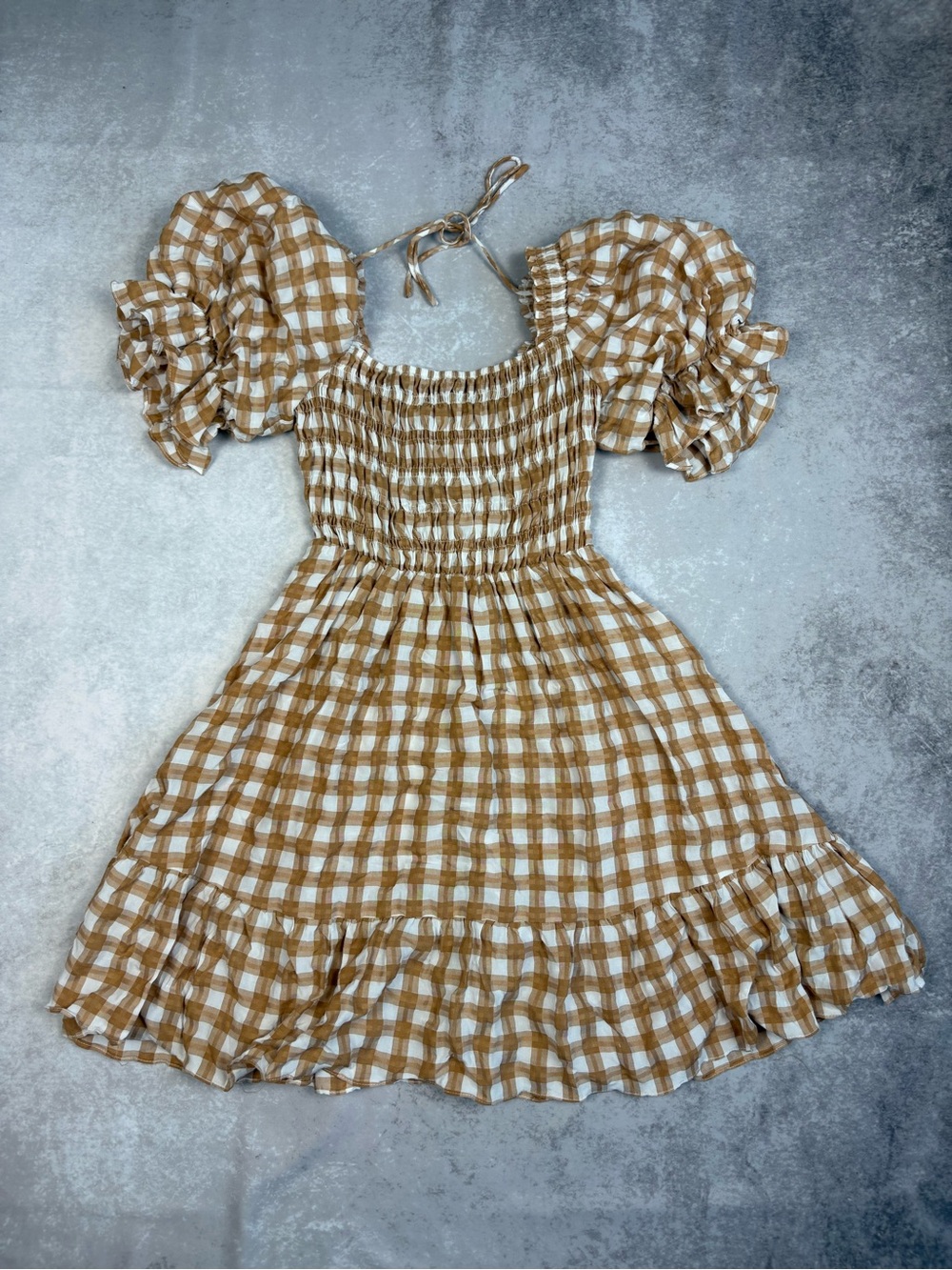 Princess Polly Brown Gingham Smocked Puff Sleeve Mini Dress